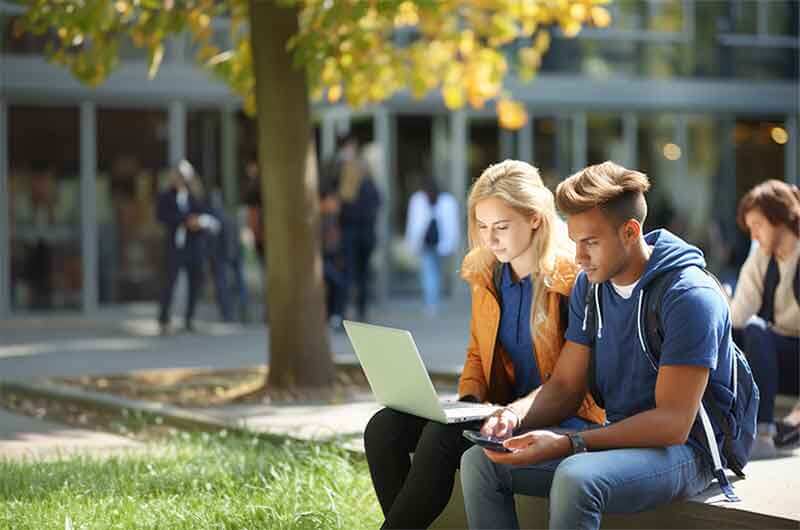 girl-and-guy-with-laptop-phone-outside-by-tree-looking-down