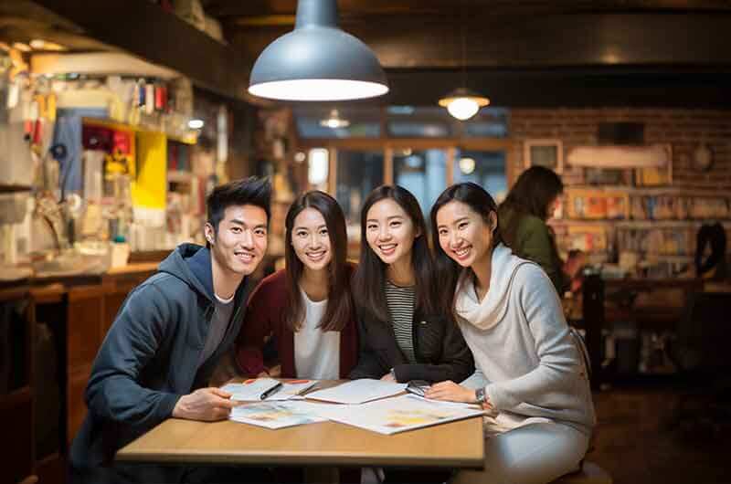 four-Asian-students in cafe