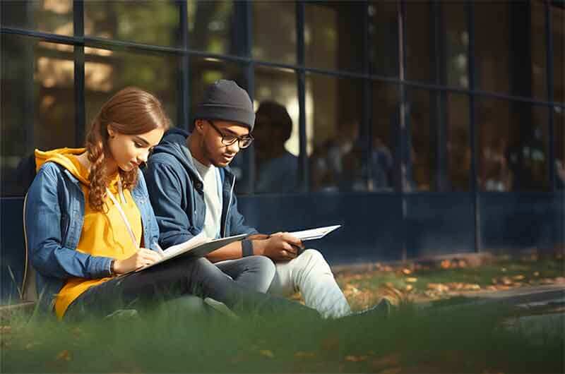 girl-and-guy-studying-outside-building-looking-down